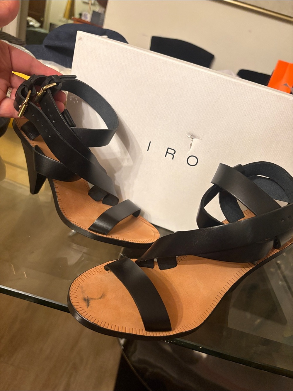 IRO Black Leather Strappy Heel Sandals